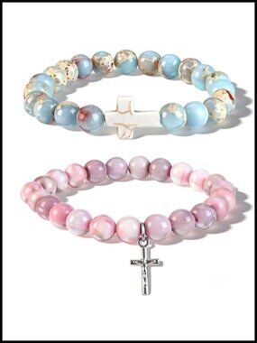 Natural Stone Cross Charm Bracelets for Women - Inspirational Religious Stretch